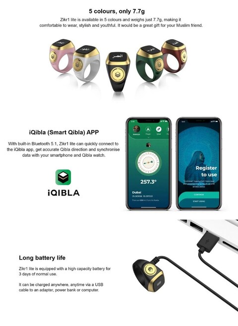 حلقة الذكر الذكية من اي قبلة، عداد صلاة 22 مم، عداد التسبيح وتذكير بوقت صلاة المسلمين، تقنية قابلة للارتداء مقاومة للماء، أبيض