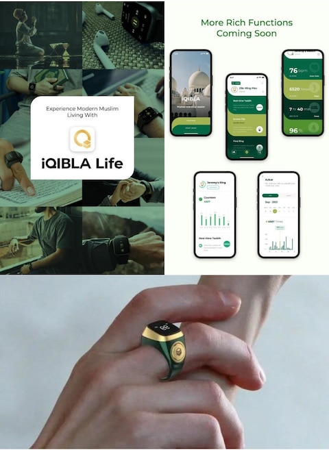 حلقة الذكر الذكية من اي قبلة، عداد صلاة 22 مم، عداد التسبيح وتذكير بوقت صلاة المسلمين، تقنية قابلة للارتداء مقاومة للماء، أبيض