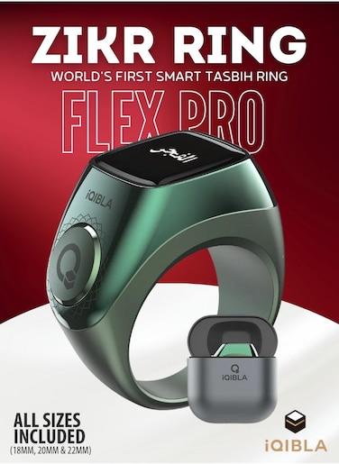 iQIBLA Smart Zikr Ring Flex Pro, Tasbih Counter &amp; Muslim Prayer Time Reminder, Waterproof Wearable Technology, Green Edition