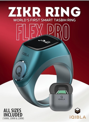 iQIBLA Smart Zikr Ring Flex Pro, Tasbih Counter &amp; Muslim Prayer Time Reminder, Waterproof Wearable Technology, Blue Edition