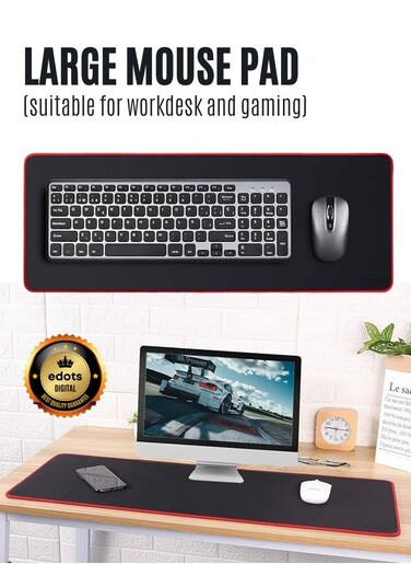 Edots X-Large Gaming Mouse Pad - 78x30cm Extended Desk Mat, Anti-Slip Rubber Base With Stitched Edges, Smooth Surface For Keyboard &amp; Mouse - Red &amp; Black