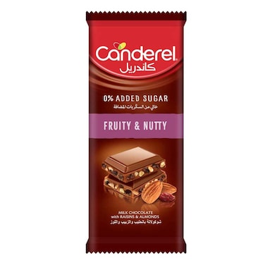 Canderel No Added Sugar Fruity and Nutty Milk Chocolate Bar with Raisins and Almonds, 100g