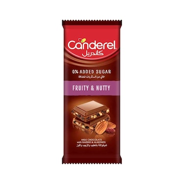 Canderel No Added Sugar Fruity and Nutty Milk Chocolate Bar with Raisins and Almonds, 100g