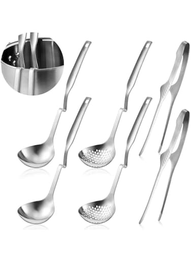 6 PCS Soup Ladle pot Colander &amp; BBQ Tongs Hotpot Kit - Shabu Shabu Utensils Set for Camping, Barbecue &amp; Kitchen Cooking Ladle Set