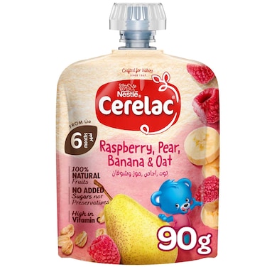 Nestle Cerelac Fruits Puree Pouch, Raspberry, Pear, Banana and Oats, from 6 Months, 90g