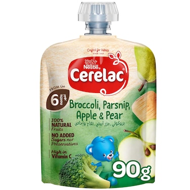Nestle Cerelac Fruits and Vegetables Puree Pouch, Broccoli, Parsnip, Apple and Pear, from 6 Months, 90g