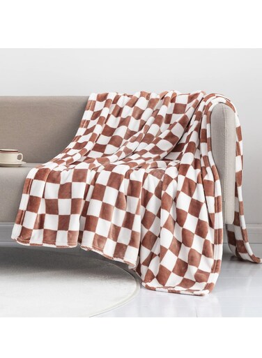 Reversible Checkerboard Throw Blanket in Caramel, Soft, Fluffy, Lightweight for Couch, Sofa and Bed