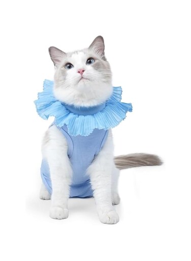 Cat Recovery Clothes Soft Breathable Anti-Licking Bodysuit with Adjustable Buckle E-Collar Substitute (light bule, Small)