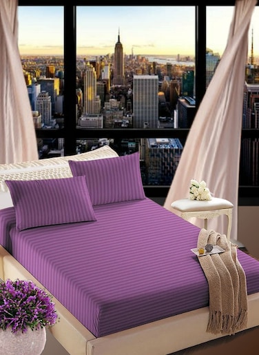 Faded Purple Striped Cotton Bed Sheet Sets 3 Piece Set Deep Pocket 200x200+25cm