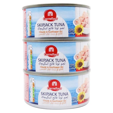 Carrefour Skipjack Tuna Chunk in Sunflower Oil, 170g Pack of 3