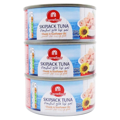 Carrefour Skipjack Tuna Chunk in Sunflower Oil, 170g Pack of 3