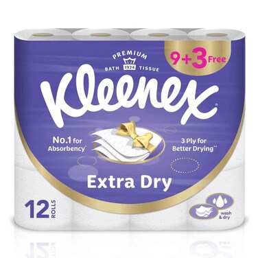 Kleenex Extra Dry Toilet Tissue Paper 3 PLY 12 Rolls x 160 Sheets Embossed Bathroom Tissue with Superior Absorbency