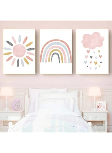 Nursery Wall Prints Pink Sunshine Rainbow Cloud Canvas Wall Art, Child Wall Art Poster Boho Nordic Wall Pictures for Girls Baby Kids Room Decor, Set Of 3 Cute Cartoon Prints Girls Room Wall Decor