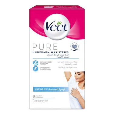Veet Hair Removal Wax Strips for Sensitive Skin Underarms, 16 Strips