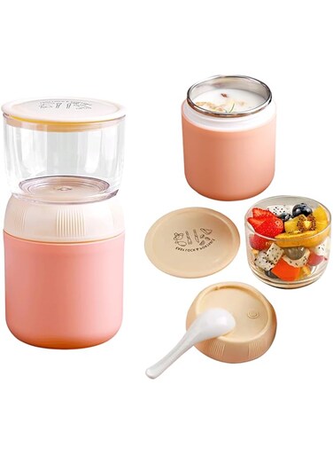 Xunyou Insulated Yogurt Container with Topping Cereal or Oatmeal Cup, Reusable Portable Leak-Proof Food Storage Jar with Lid and Spoon, Breakfast On the Go Cup for Milk, Granola, BPA Free, Pink