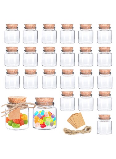 24Pack 1.7oz Glass Bottles with Cork Stoppers, 50ml Mini Glass Jars with Twine and Kraft Paper Tags for Wedding Favors, DIY Crafts, Party Gifts, and Home Decorations