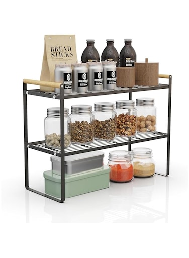 U-HOOME Kitchen Cabinet Pantry Shelf,Cupboard Stand Spice Rack Organizer,Stackable Countertop Organization and Storage For Kitchen Bathroom Office (2tier-black)