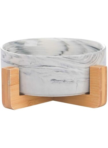 HCHLQLZ Marble Black Ceramic Dog Bowl Feeding Bowl for Dogs Cats with Solid Wood Stand