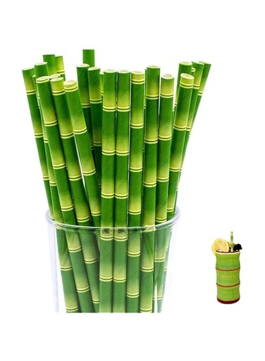 Azonee Green Bamboo Paper Straws, 7.75 inch, 200 Counts Disposable Paper Drinking Straws Bamboo Printed Party Cocktail Straws with Recycled Packaging