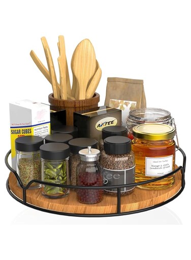 Tazweeq Turntable Organizer Spice Organization with Anti-Slip Mat for Cabinet Pantry Kitchen Countertop Refrigerator Office, Pine Wood, 13", Turntable Organizer for Table Top, Cabinet