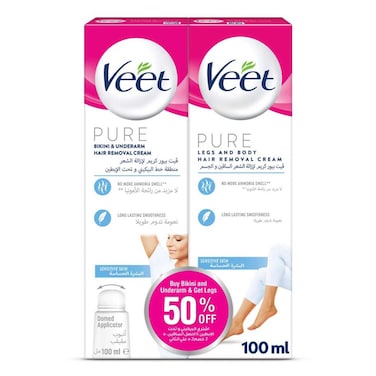 Veet Hair Removal Cream for Sensitive Skin - Legs &amp; Body, 100g + Bikini &amp; Underarms with Domed Applicator, 100g