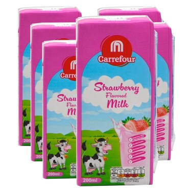 Carrefour UHT Full Fat Strawberry Flavoured Milk 200ml Pack of 6