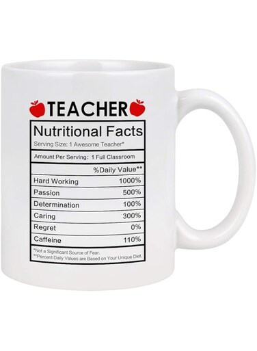 Maustic Teacher Coffee Mug Teacher Appreciation Gifts Teacher Nutritional Facts Mug Funny Coffee Mug Teacher Gifts for Women Men Preschool Elementary High School Teacher Mugs White 11 Ounce
