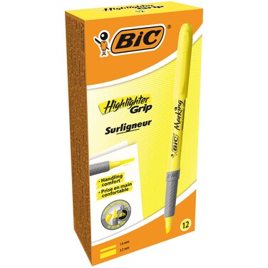 BIC Brite Liner Grip Highlighter, Chisel Tip, Yellow, 12-Count