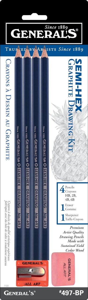 GENERAL'S Pencil 497BP Semi-Hex Graphite Drawing Pencils 4/Pkg-HB, 2B, 4B, 6B