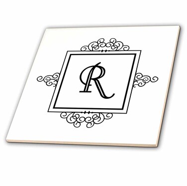 3dRose Initial Letter R Monogram Black White Typography 4 Inch Ceramic Tile