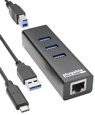 Plugable USB 3.0 Portable Hub with Ethernet - 3 port USB 3.0 Bus Powered Hub with Gigabit Ethernet Compatible With Windows, MacBook, Linux, Chrome OS (Includes Cables for USB C and USB 3.0 Systems)