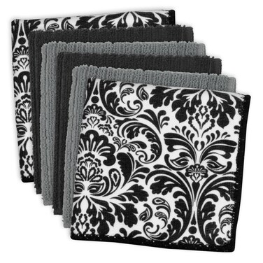 DII Cleaning Collection Multi-Purpose Microfiber, Black Damask, Dishcloth Set