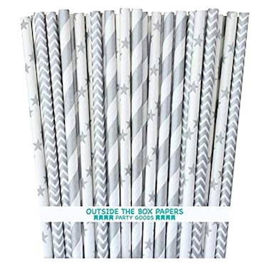 Outside the Box Papers Silver Stripe, Chevron and Star Paper Straws 7.75 Inches 75 Pack Silver, White