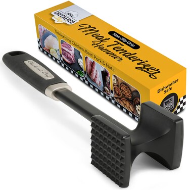 Checkered Chef Meat Tenderizer. Best Hammer/Mallet Tool/Pounder For Tenderizing Steak,Beef And Poultry. Solid Metal Construction With Rubber Comfort Grip Handle. 100% Dishwasher Safe.