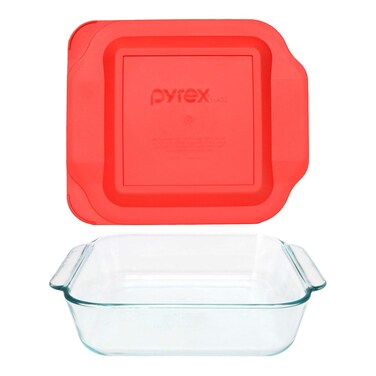 Pyrex 8 Inch Square Baking Dish With Red Lid Earplug, 15 cm, Black