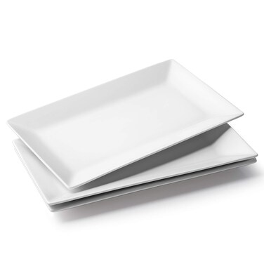 DOWAN 14-Inch Porcelain Serving Platters/Dinner Plate Set - 3 Packs, White &amp; Rectangular