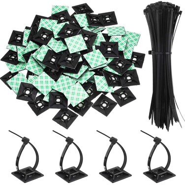 Hicarer 100 Pack Black Zip Tie Adhesive Mounts Self Adhesive Cable Tie Base Holders with Black Multi-Purpose Cable Tie (Length 200 mm, Width 2.8 cm)