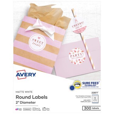 Avery Printable Round Labels With Sure Feed, 2" Diameter, Matte White, 300 CUStomizable (22877), One Size