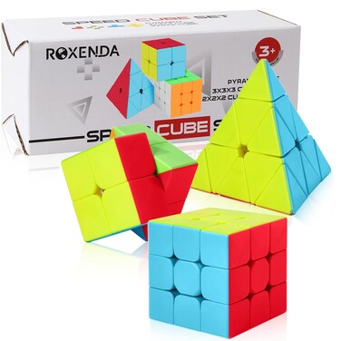 Roxenda Magic Cube Set, Original Speed Cube Set with 2 x 2 3 x 3 Pyramid Speed Cube, Easy Turning &amp; Smooth Play, Sticker Version (Stickerless)