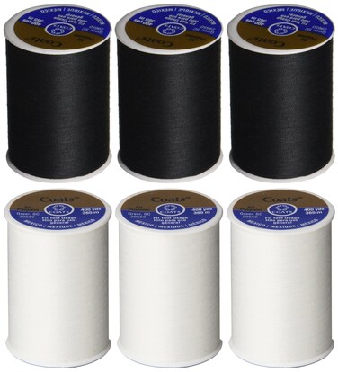 Coats &amp; Clark 6 Pack Bundle - (3 Black + 3 White) - Dual Duty All-Purpose Thread - Three 400 Yard Spools each of BLACK White
