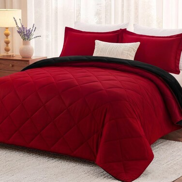 downluxe Lightweight Solid Comforter Set (Queen) with 2 Pillow Shams - 3-Piece Set - Red and Black - Down Alternative Reversible Comforter