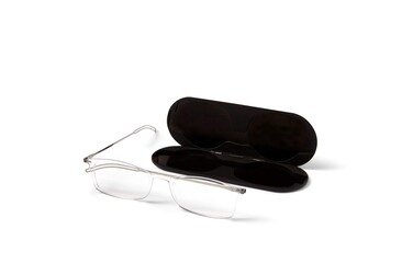 ThinOptics Frontpage Brooklyn Reading Glasses + Milano Aluminum Case, Clear Frames/Silver Case, 2.5 x