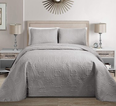 MK Home King/California King Solid Embossed Bedspread Bed Cover Over Size (Silver, 3pc)