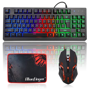 B BLUEFINGER RGB 87 Keys Gaming Keyboard and Backlit Mouse Combo,BlueFinger USB Wired Rainbow Keyboard,Gaming Keyboard Set for Laptop PC Computer Game and Work