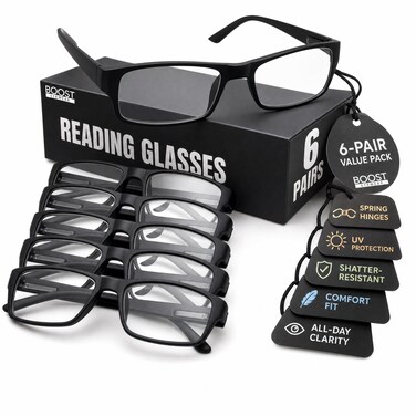 Boost Eyewear 6 Pack Reading Glasses, Traditional Black Frames, with Spring Loaded Hinges