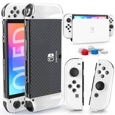 HEYSTOP Case for Nintendo Switch Dockable, Clear Protective Case Cover for Nintendo Switch and Joy-Con Controller with Switch Tempered Glass Screen Protector and Thumb Stick Caps