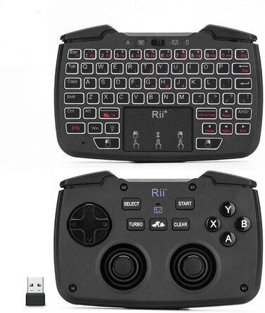 Rii (Backlit Version) RK707 3 in 1 Multifunctional 2.4GHz Wireless Portable Game Controller 62-Key Rechargeable Keyboard Mouse Combo Turbo Vibration Function for PC/Raspberry pi2/Android TV Google/TV
