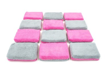 Autofiber [Saver Applicator Terry] Microfiber Terry Applicator Sponge with Plastic Barrier - 12 Pack (Pink/Gray, Thin)