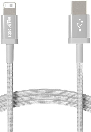 Basics Amazon Nylon Braided USB-C to Lightning Cable, MFi Certified iPhone Charger - Silver, 6-Foot