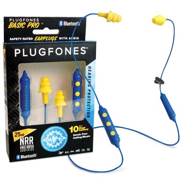 Plugfones (Wireless Bluetooth Earplug-Earbuds) - Basic Pro Wireless Bluetooth in-Ear Earplug Earbuds - Noise Reduction Headphones with Noise Isolating Mic and Controls (Blue & Yellow)
